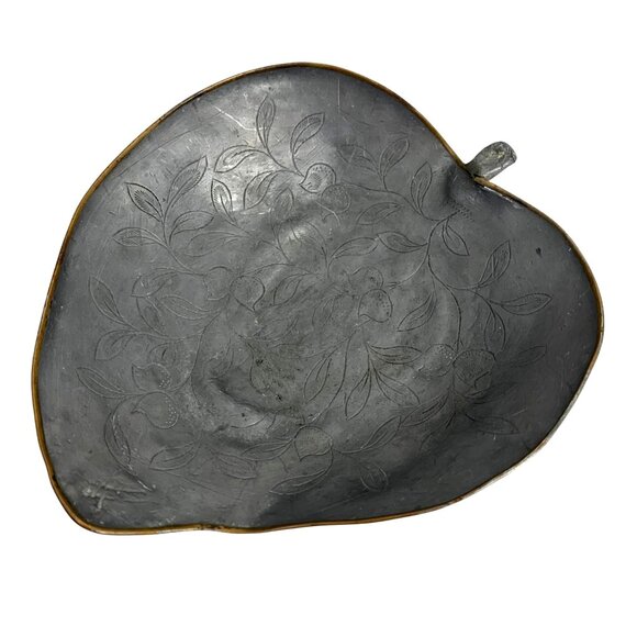 VTG Chinese Hand-tooled Floral Pewter Leaf-Shaped Brass Lined Trinket Dish